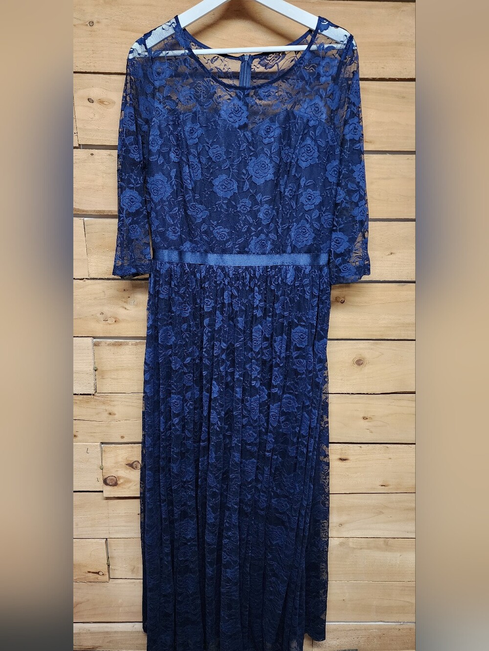 Wedtrend Elegant Navy Lace Maxi Dress with Sheer 3/4 Sleeves Sz 2X Floor Length